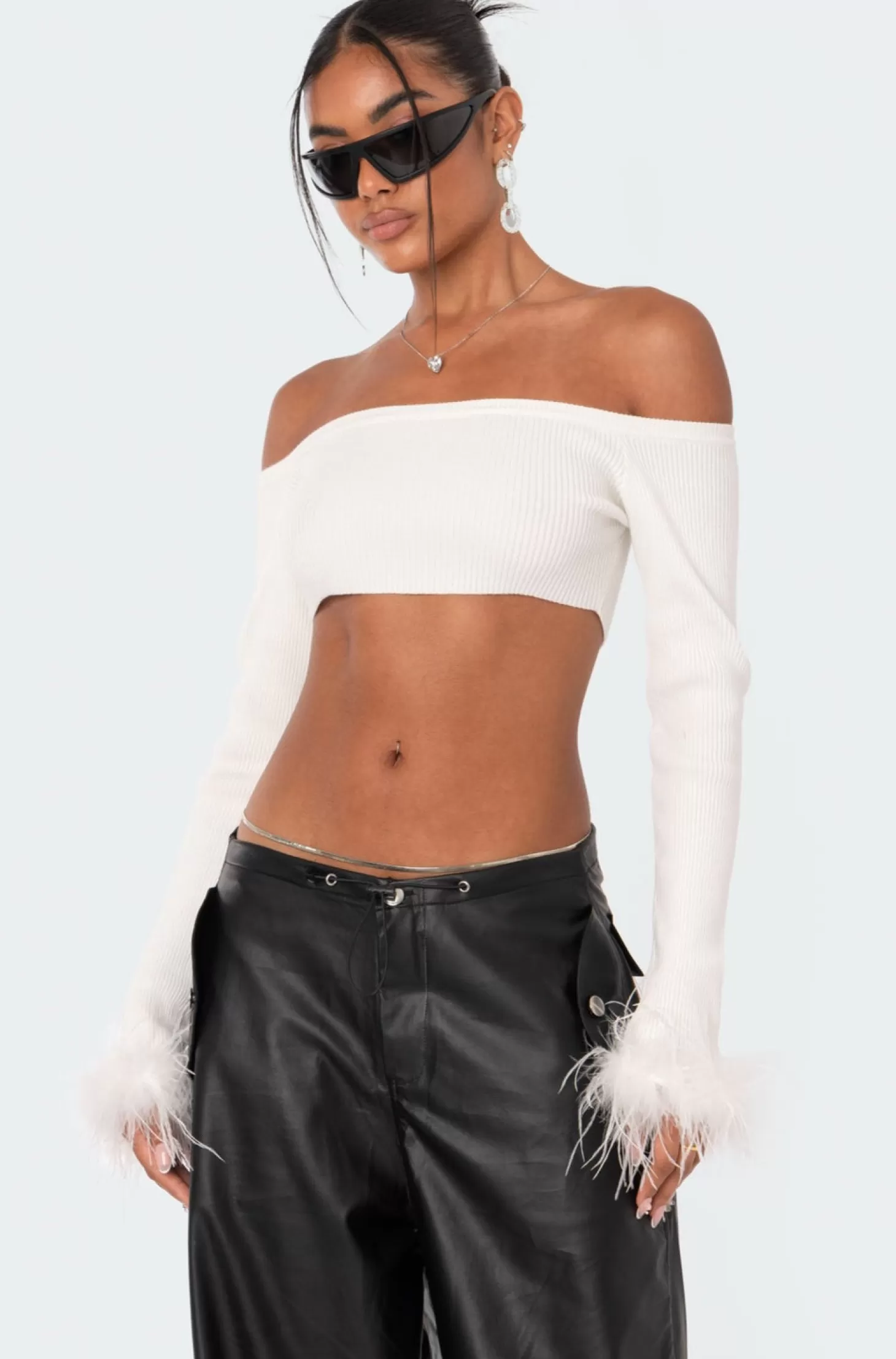 edikted Mia Faux Fur Knitted Off Shoulder Top* Long Sleeve Tops