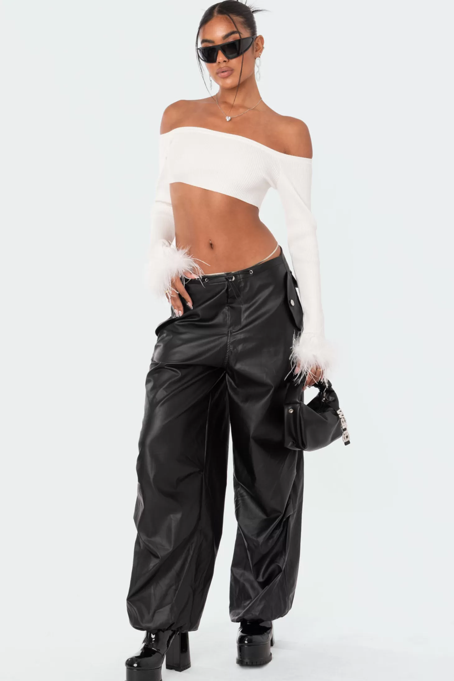 edikted Mia Faux Fur Knitted Off Shoulder Top* Long Sleeve Tops