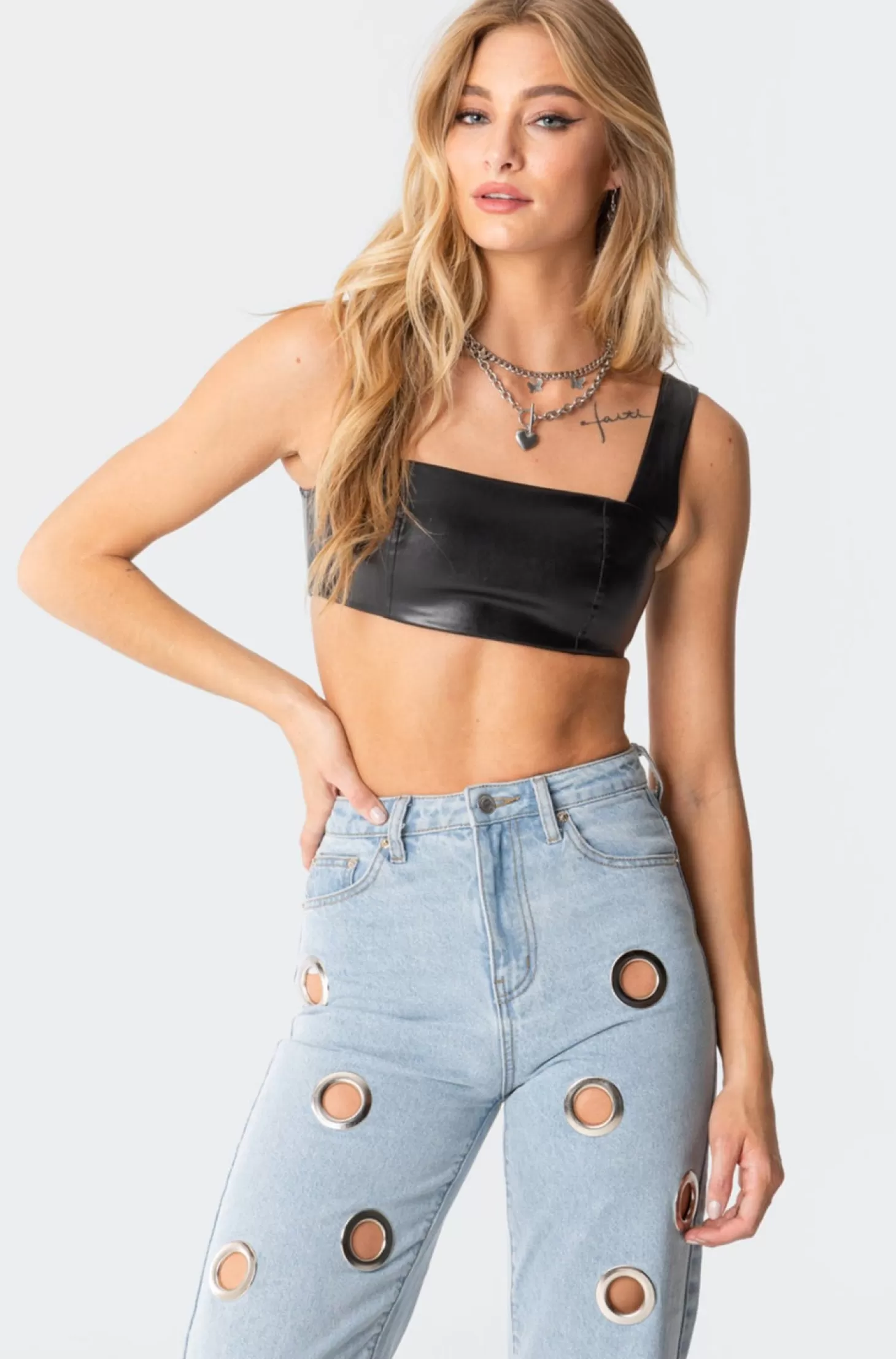 edikted Midnight Faux Leather Crop Top* Crop Tops