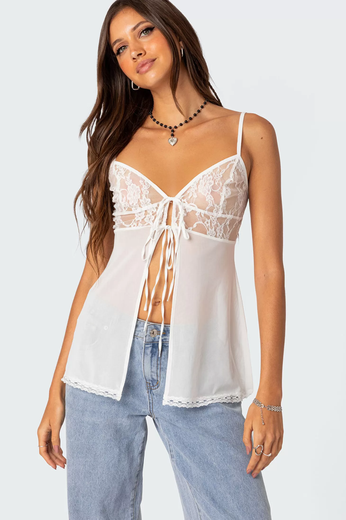 edikted Mimosa Sheer Lace Long Tank Top* Tank Tops