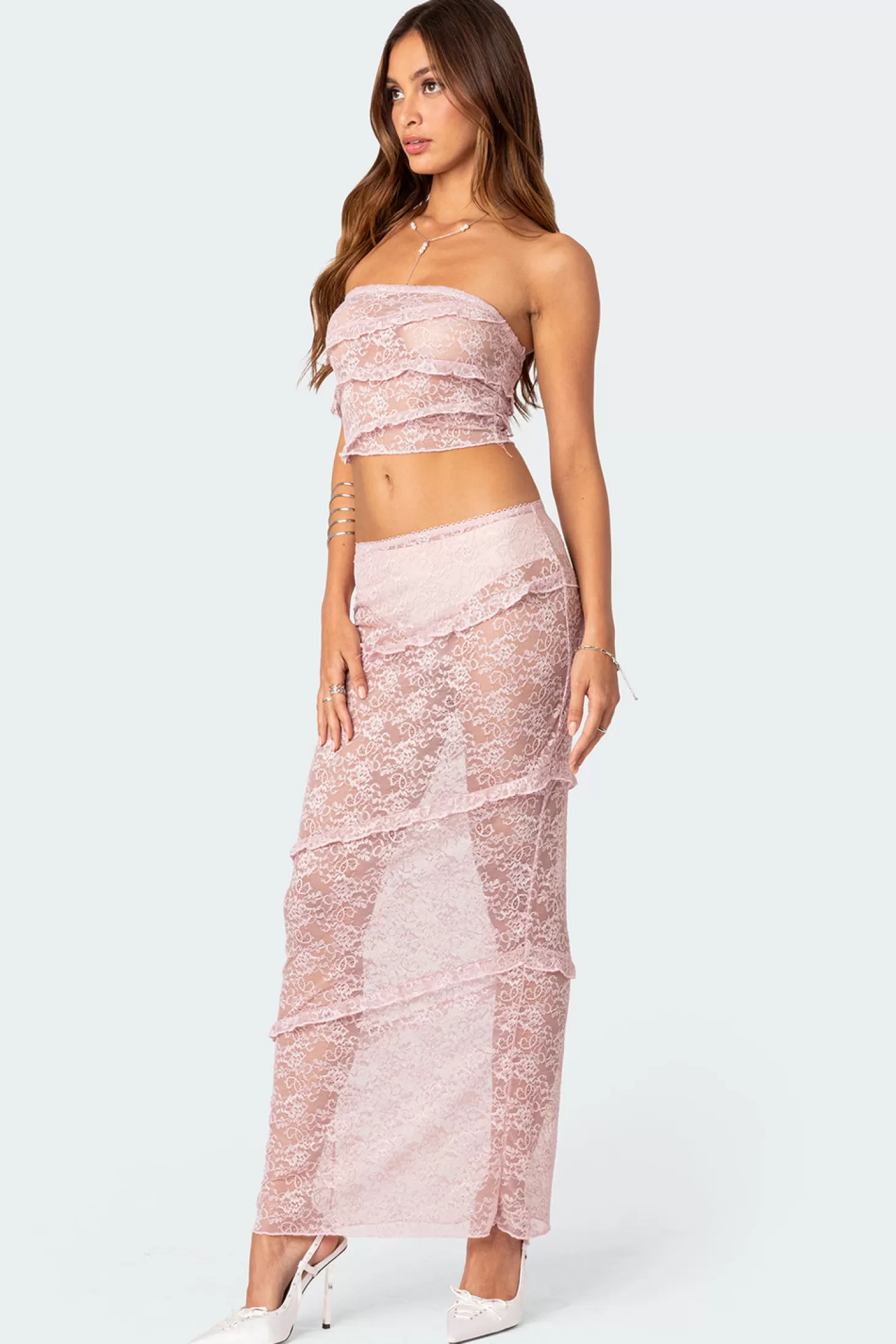 edikted Myra Sheer Lace Ruffle Tube Top* Strapless Tops | Sets