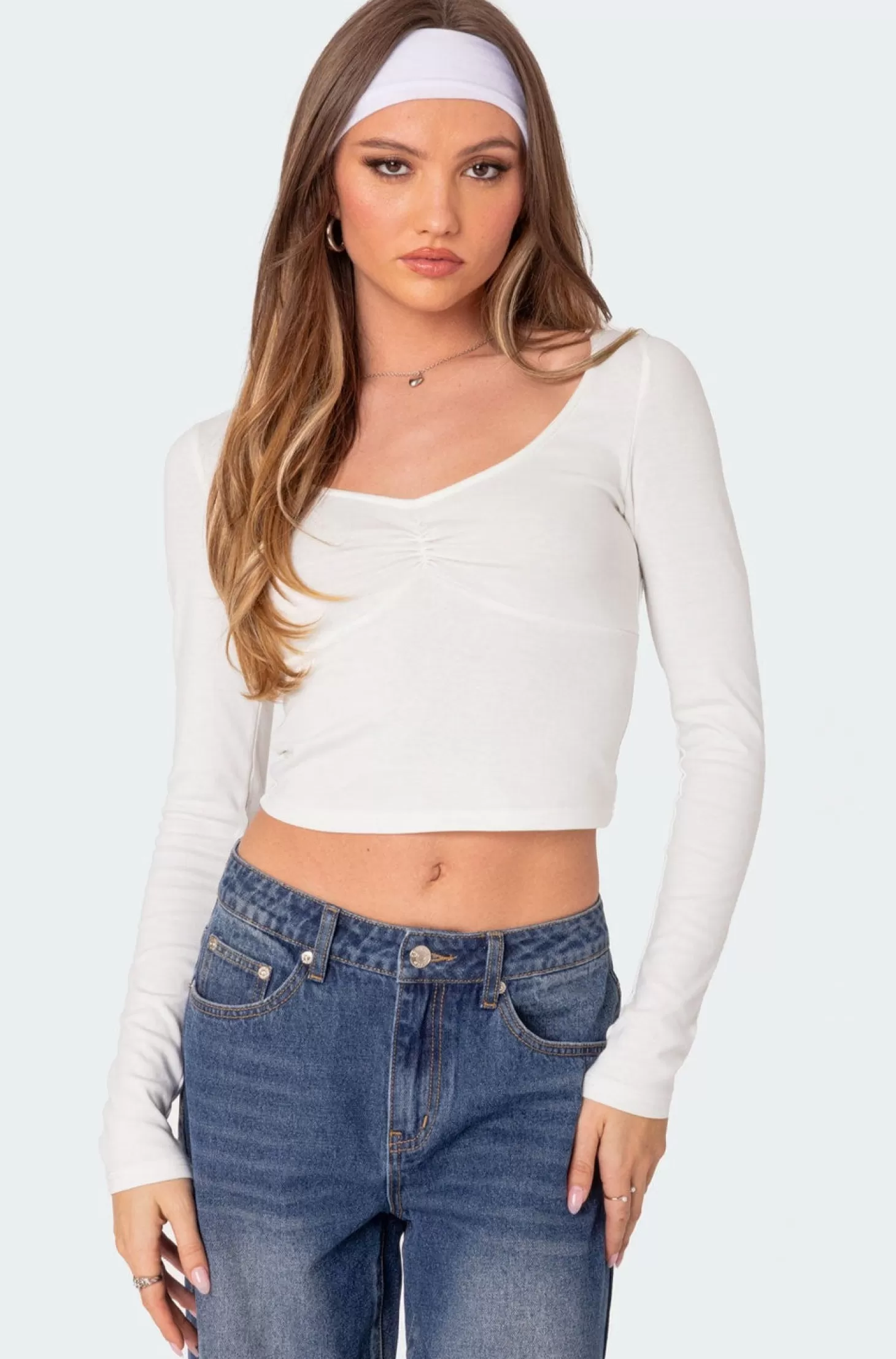 edikted Nat Ruched V Neck Top* Long Sleeve Tops | Basics