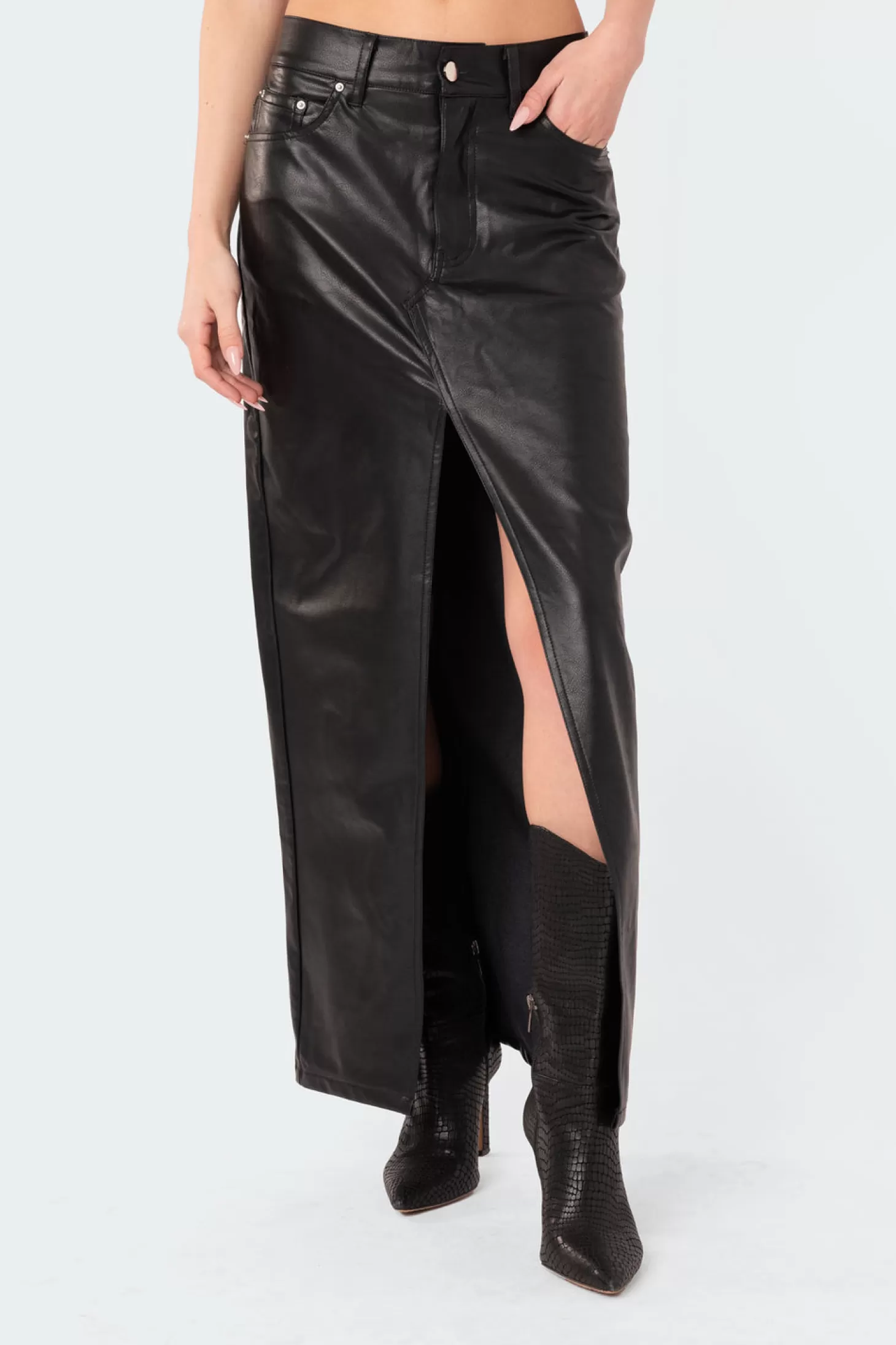 edikted Neli Faux Leather Slitted Maxi Skirt* Skirts | Skirts