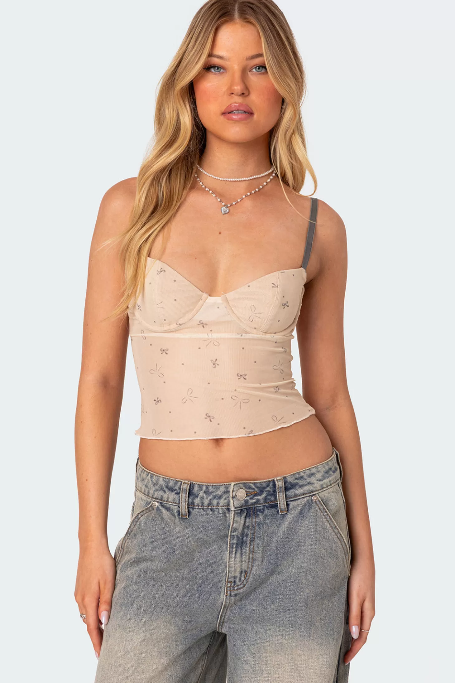 edikted Nicola Sheer Mesh Printed Bra Top* Tank Tops | Tops