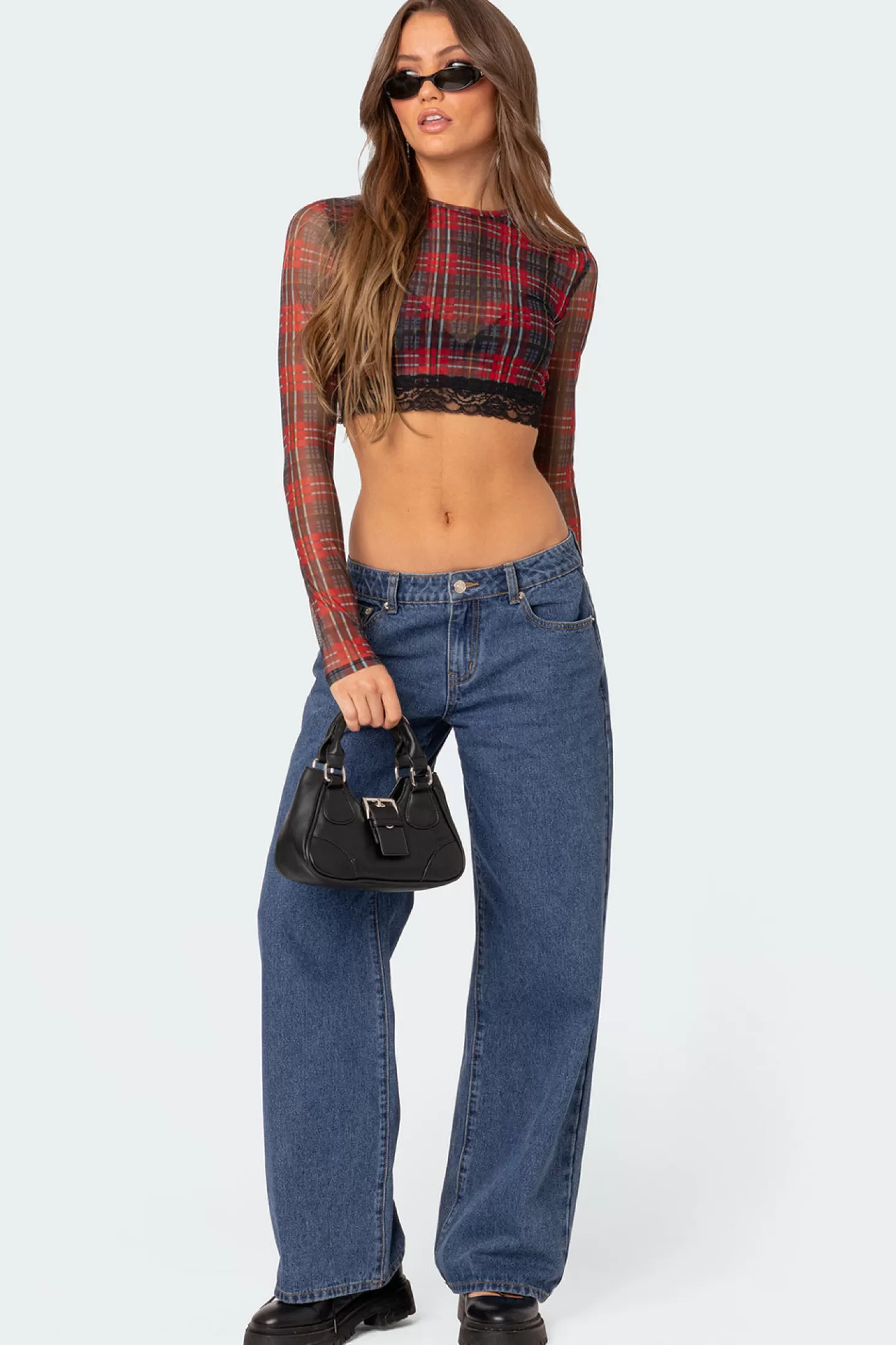 edikted Noel Plaid Printed Mesh Crop Top* Crop Tops | Long Sleeve Tops