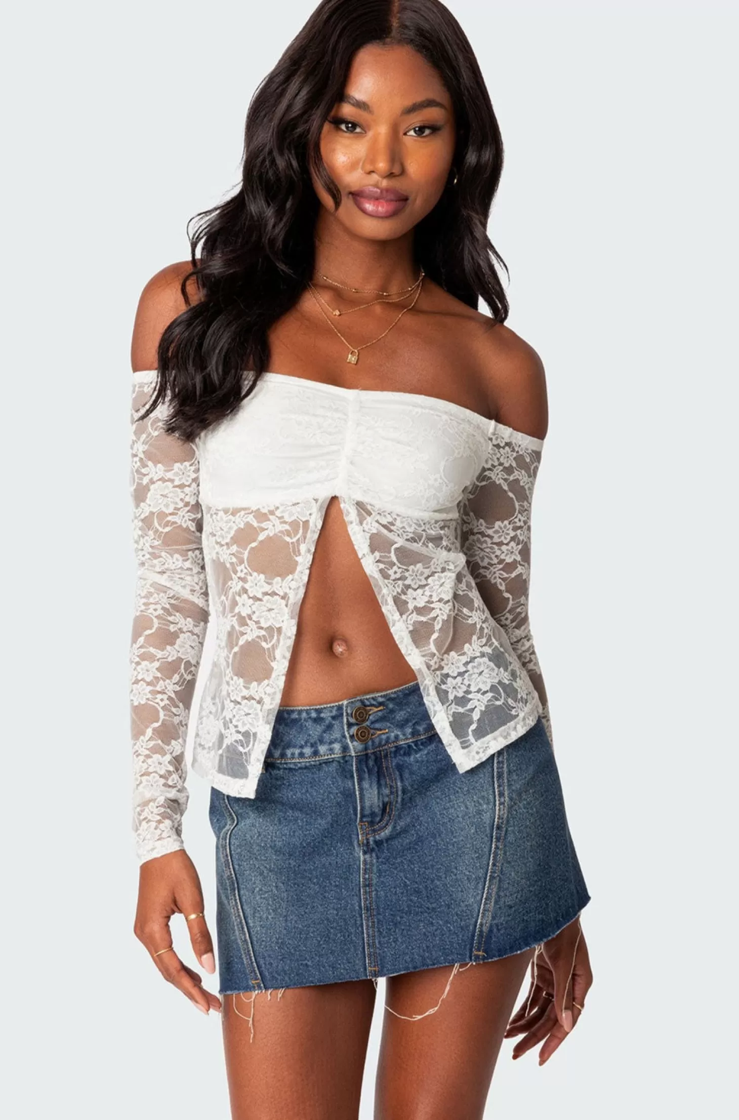 edikted Odessa Split Front Sheer Lace Top* Long Sleeve Tops