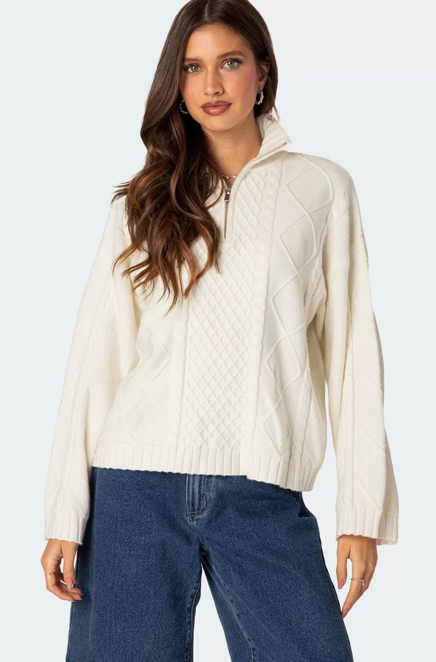 edikted Oversized Quarter Zip Cable Knit Sweater* Sweaters & Cardigans | Long Sleeve Tops