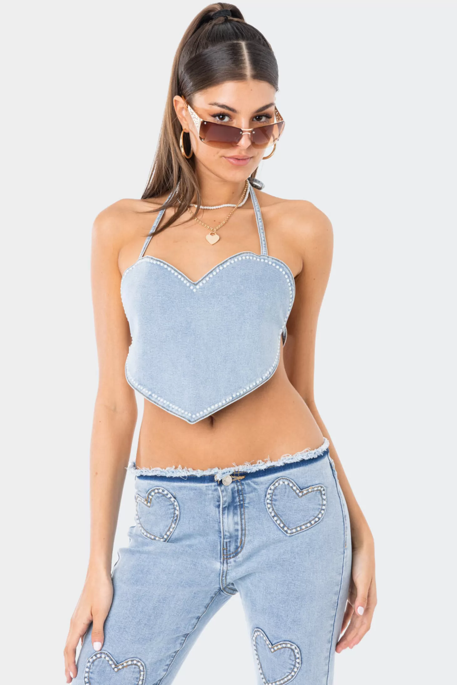 edikted Pearly Heart Denim Top* Crop Tops | Denim Tops