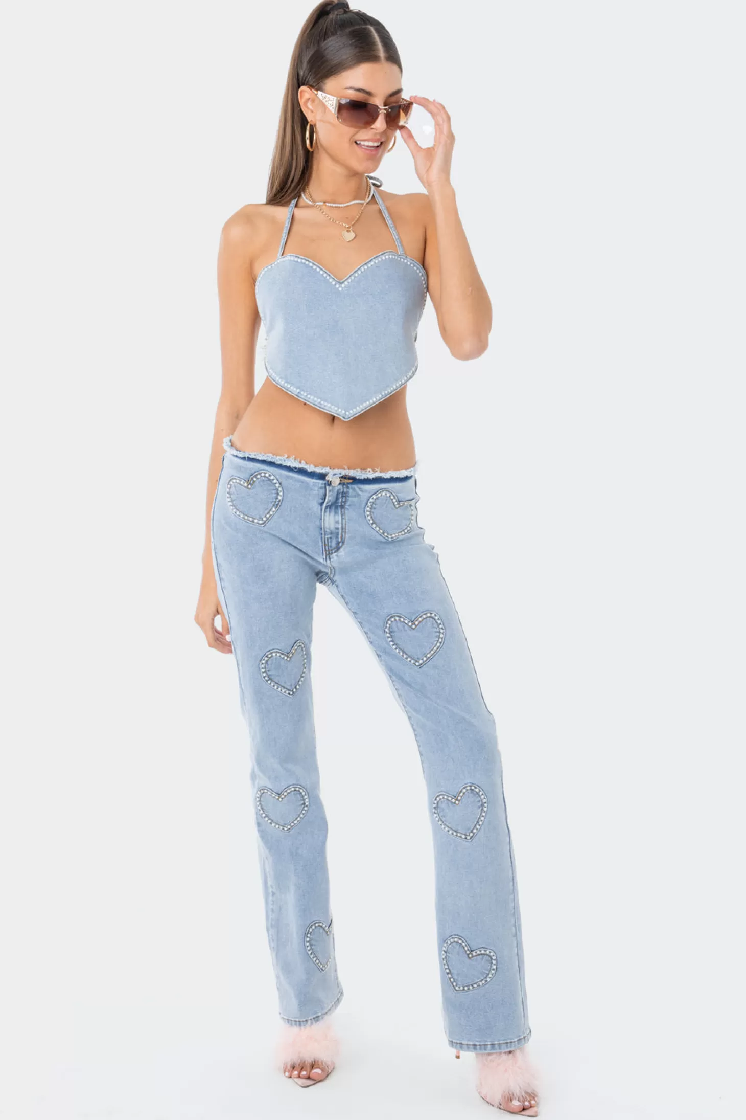 edikted Pearly Heart Denim Top* Crop Tops | Denim Tops