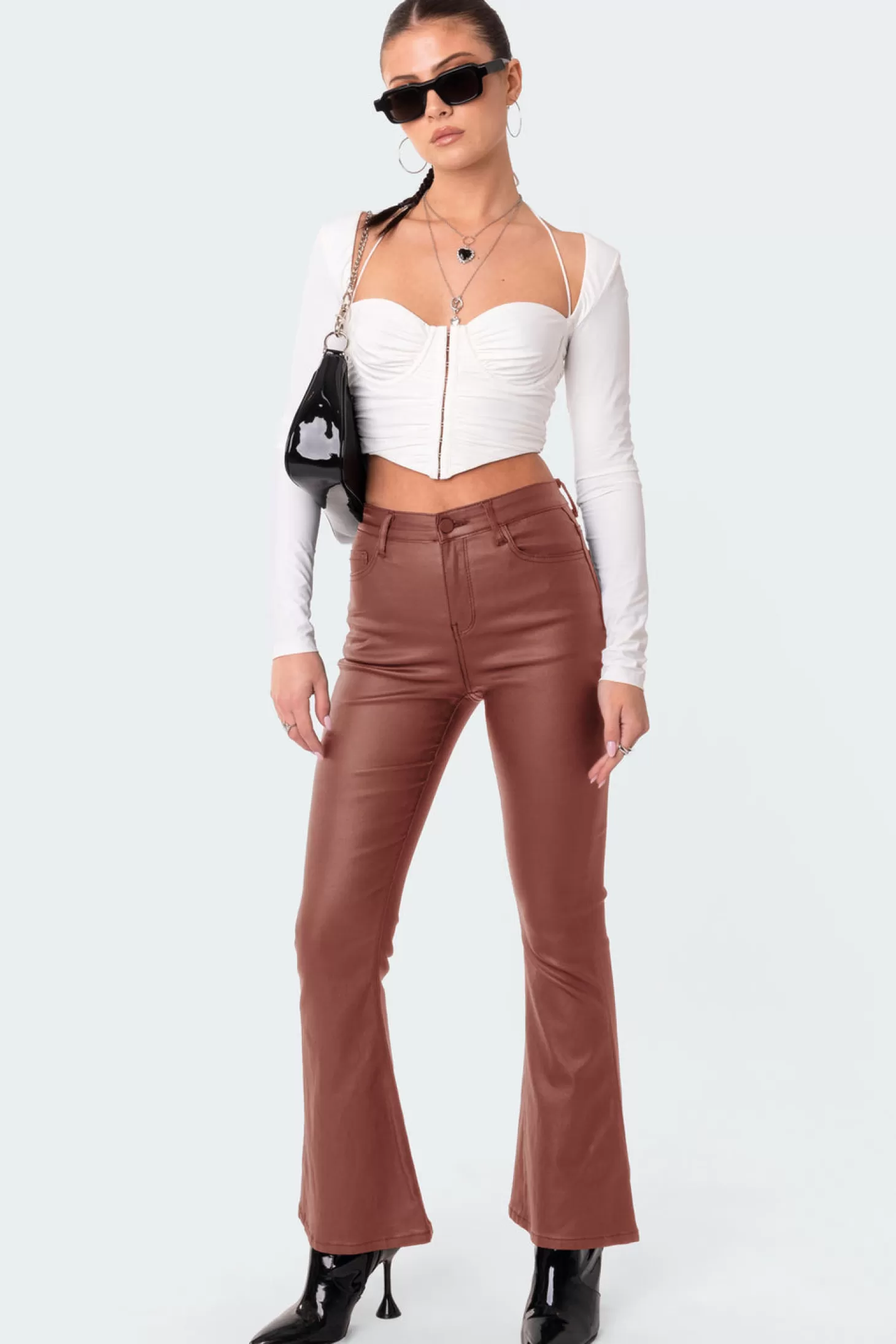 edikted Petite Luna Faux Leather Flare Jeans* Jeans | Jeans