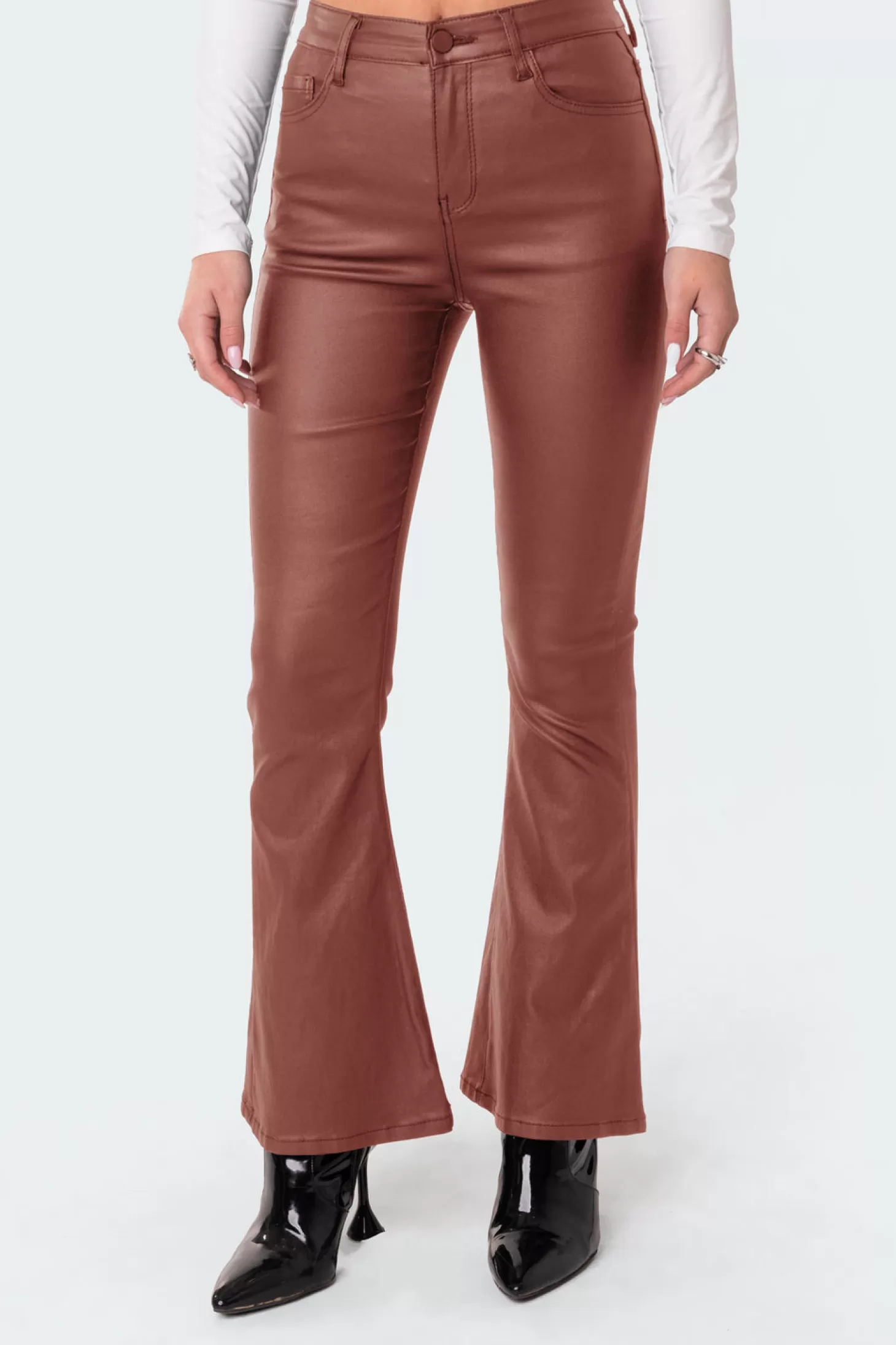 edikted Petite Luna Faux Leather Flare Jeans* Jeans | Jeans