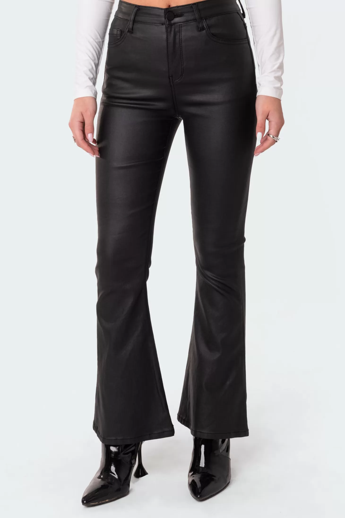 edikted Petite Luna Faux Leather Flare Jeans* Denim | Jeans