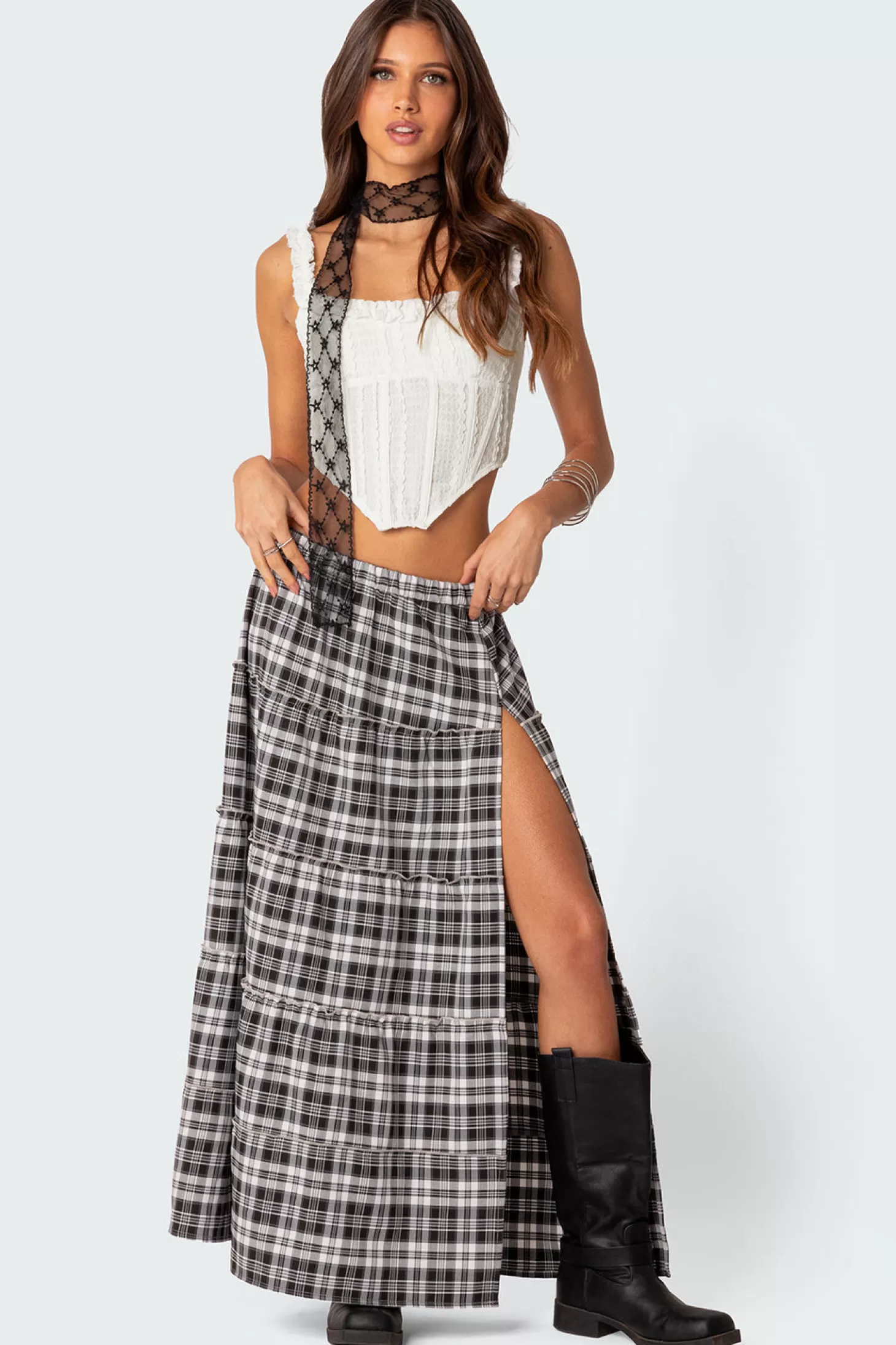 edikted Plaid Side Slit Tiered Maxi Skirt* Skirts | Skirts