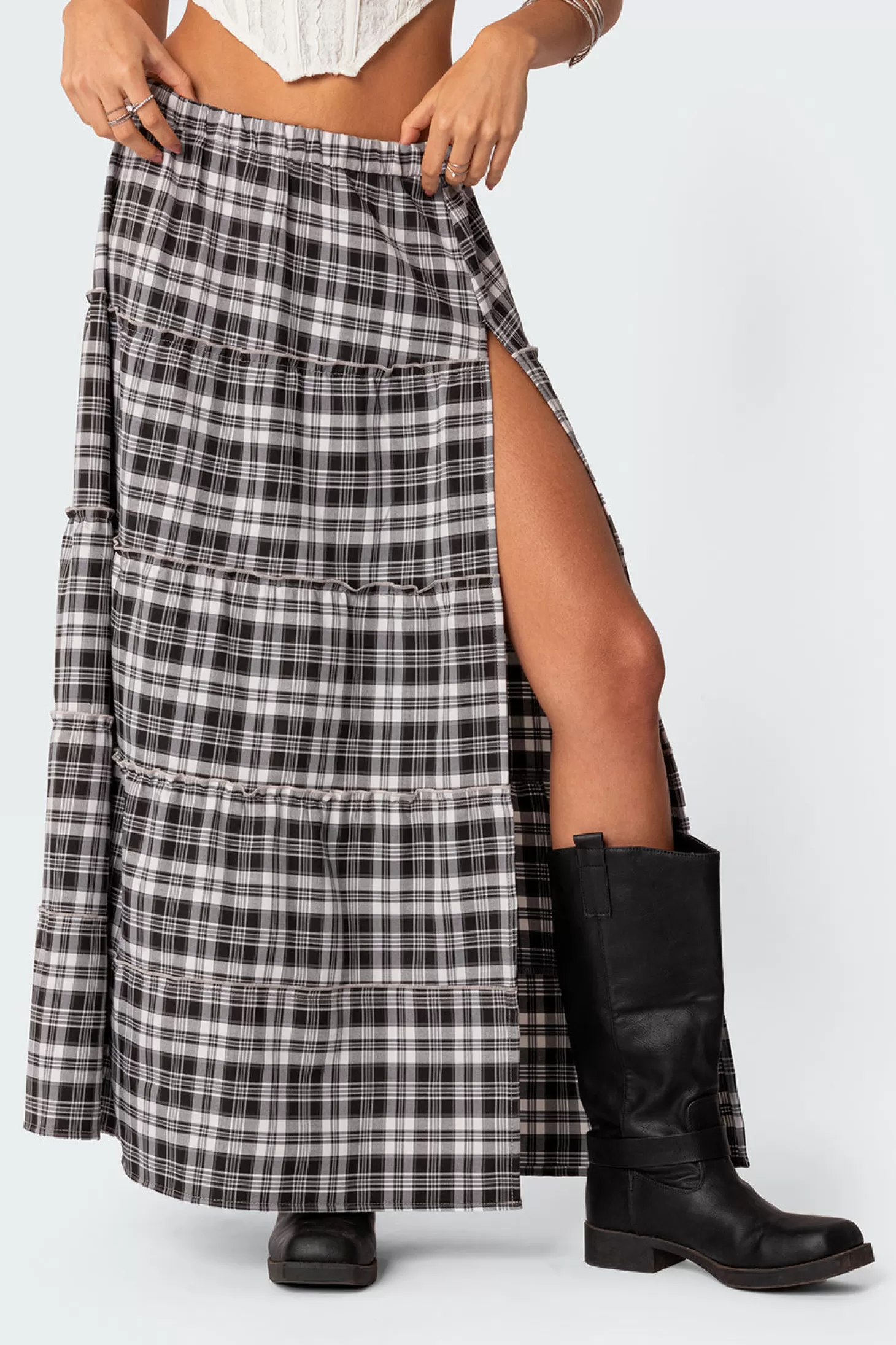 edikted Plaid Side Slit Tiered Maxi Skirt* Skirts | Skirts