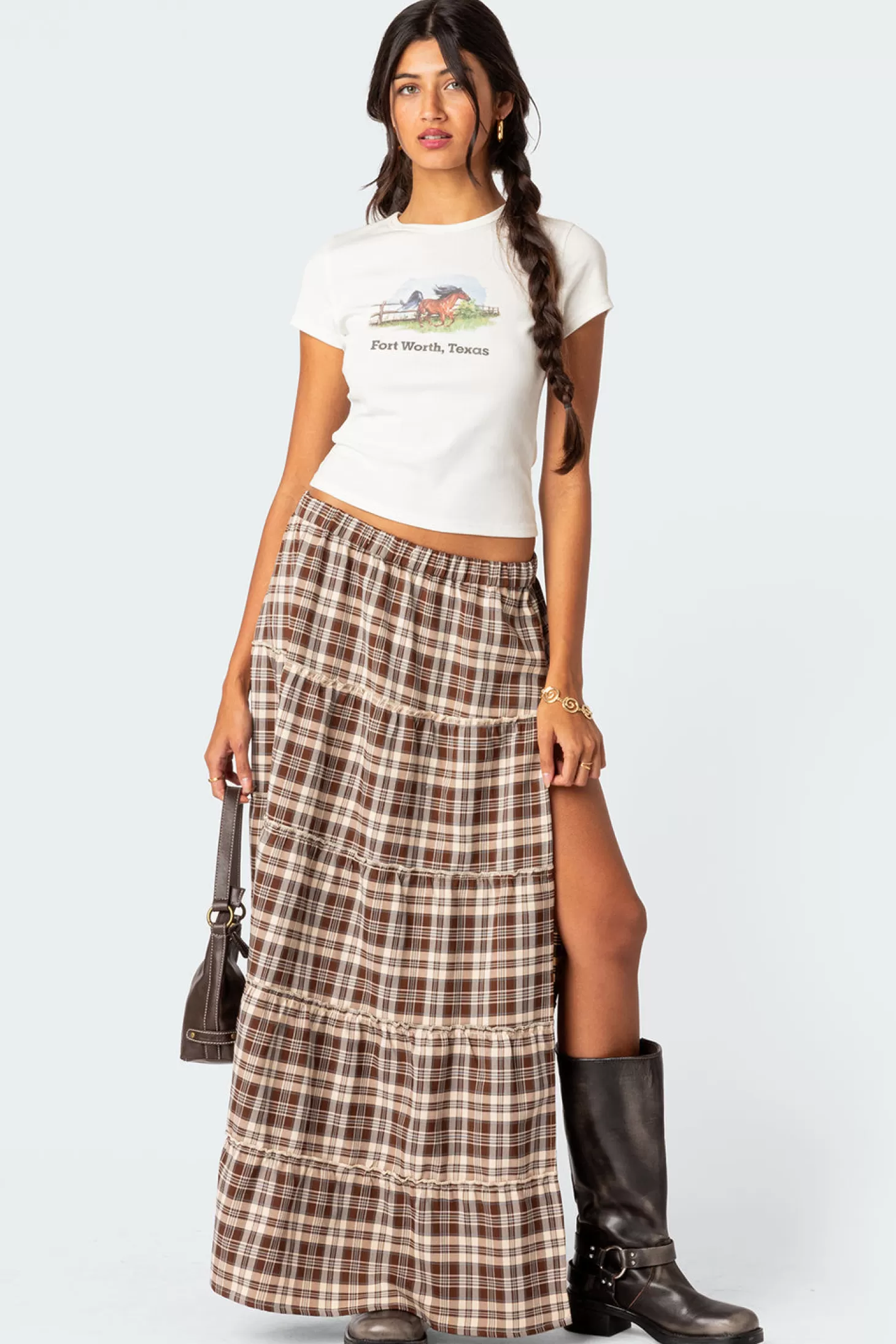 edikted Plaid Side Slit Tiered Maxi Skirt* Skirts | Skirts