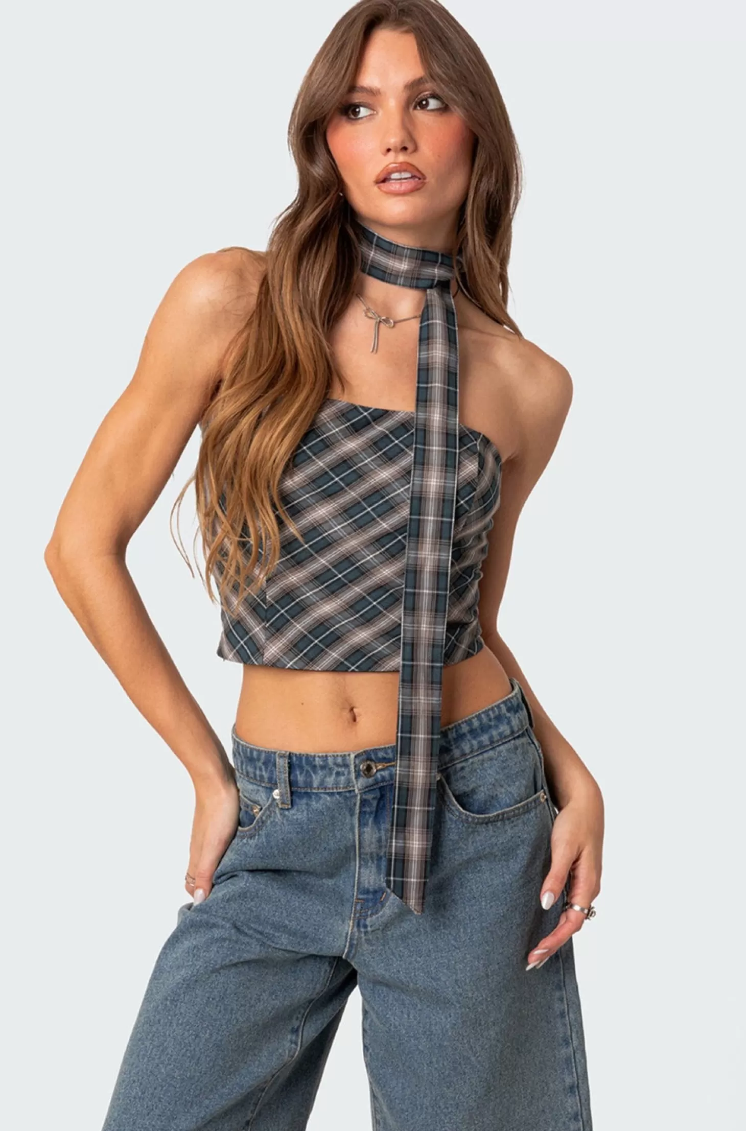 edikted Plaid Two Piece Scarf Top* Strapless Tops