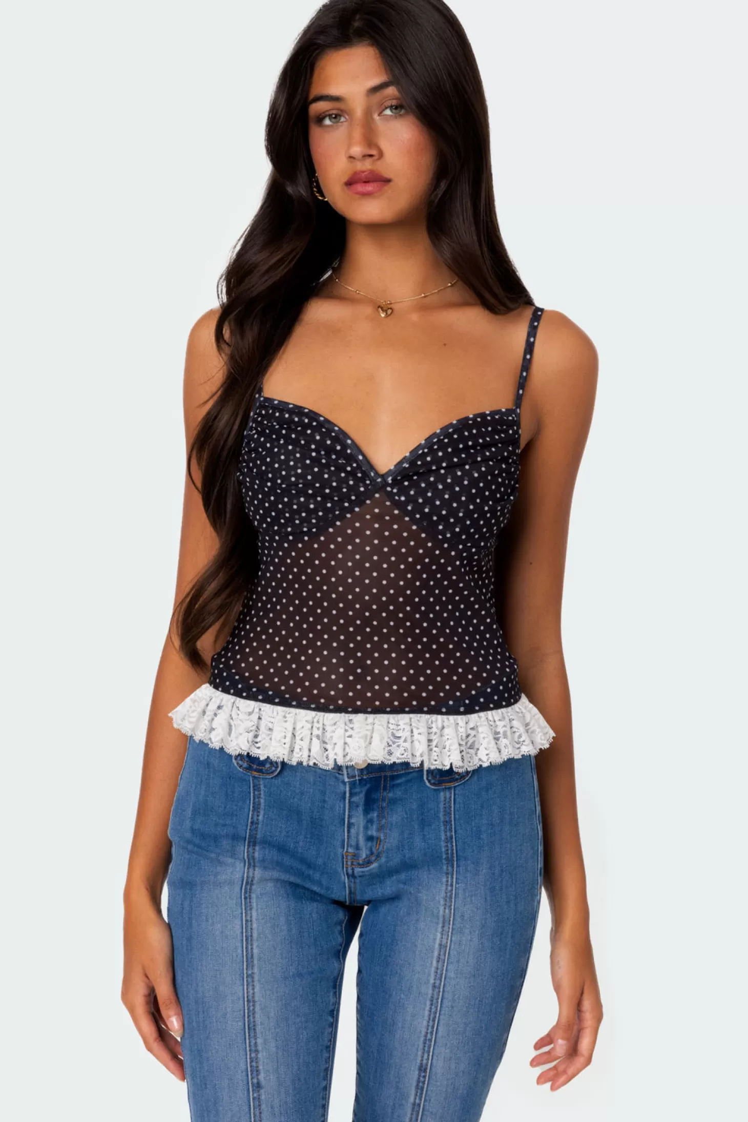 edikted Polka Dot Cupped Mesh Top* Tops