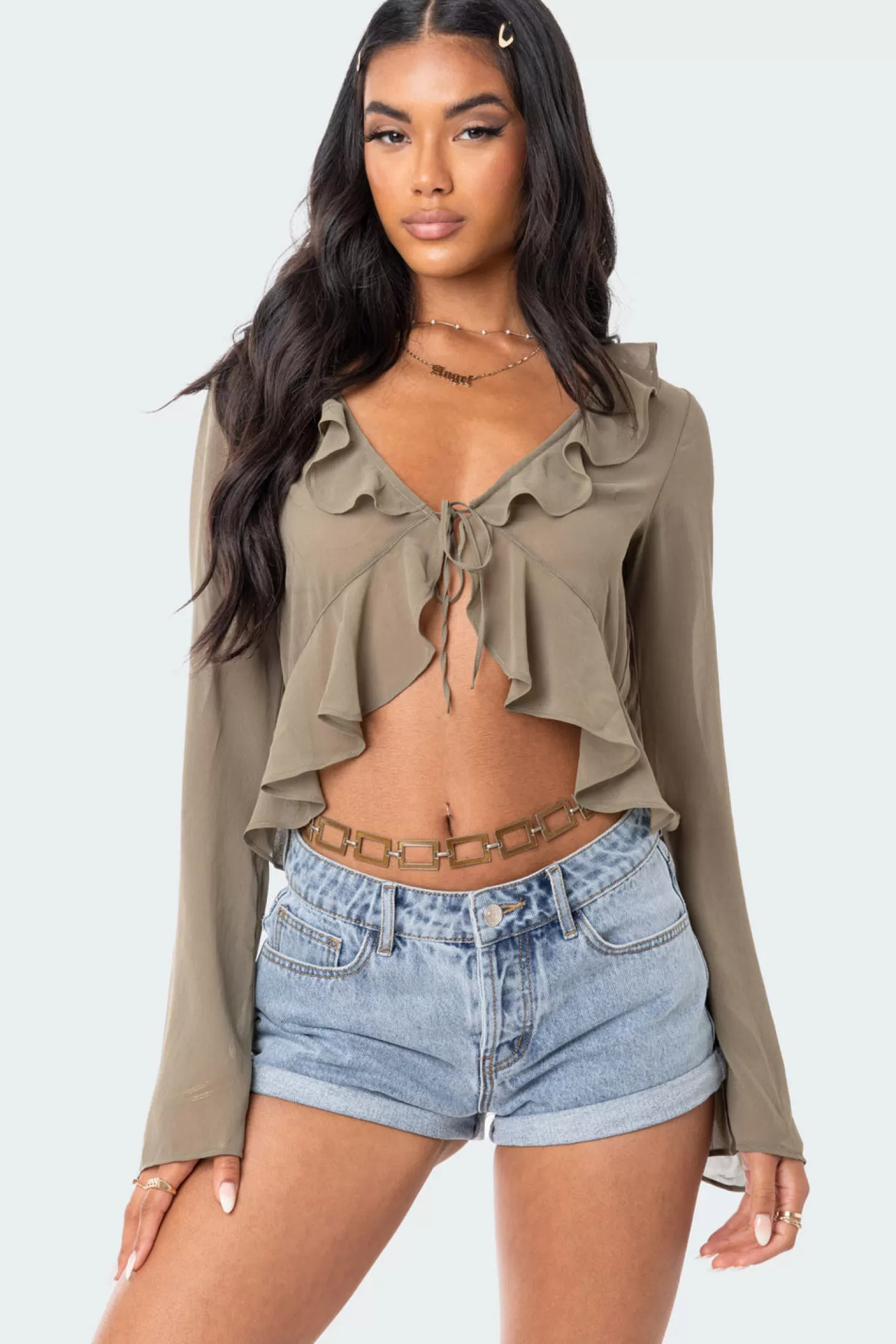 edikted Reese Chiffon Ruffle Top* Long Sleeve Tops