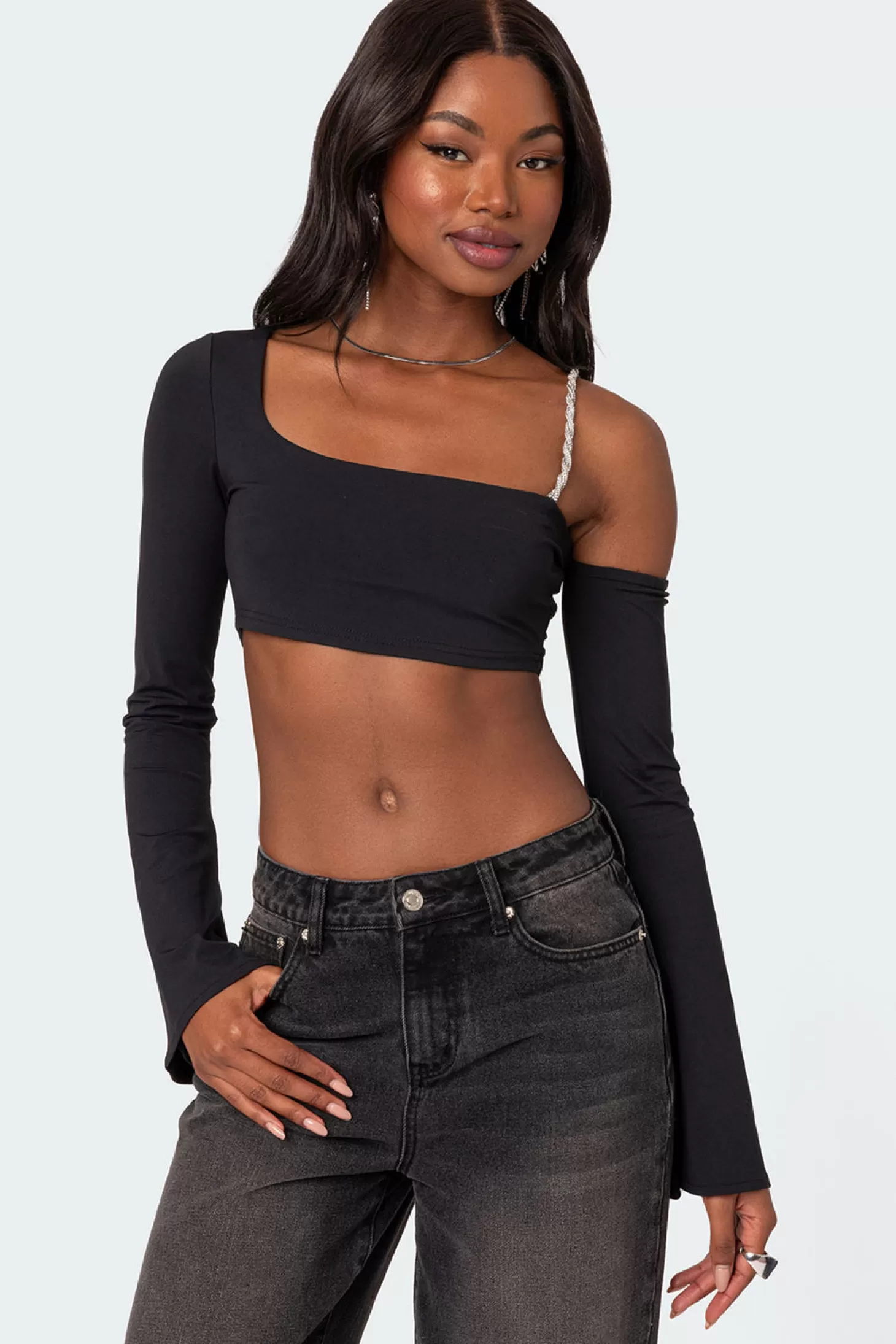 edikted Rhinestone Strap Asymmetric Crop Top* Crop Tops | Long Sleeve Tops