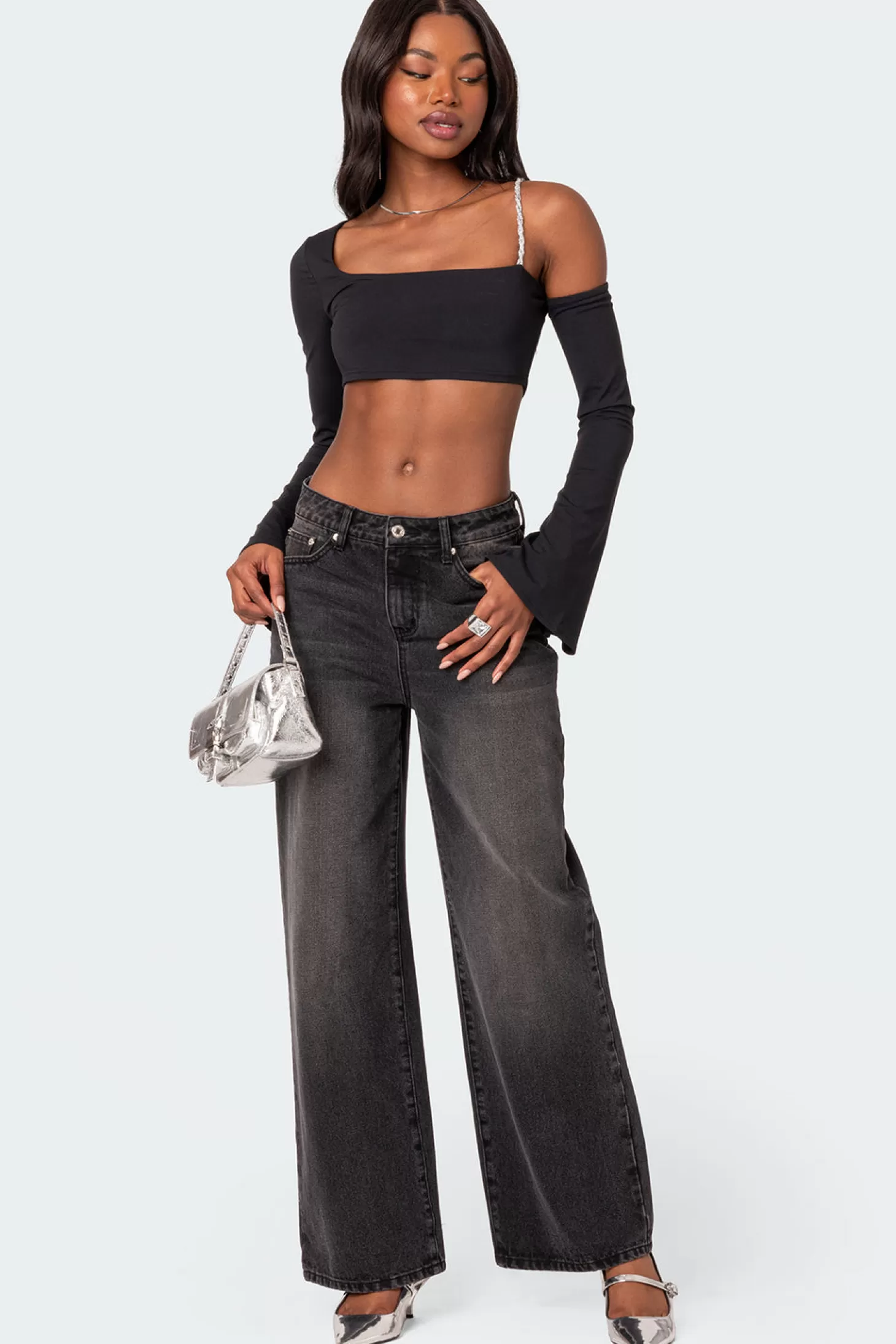 edikted Rhinestone Strap Asymmetric Crop Top* Crop Tops | Long Sleeve Tops