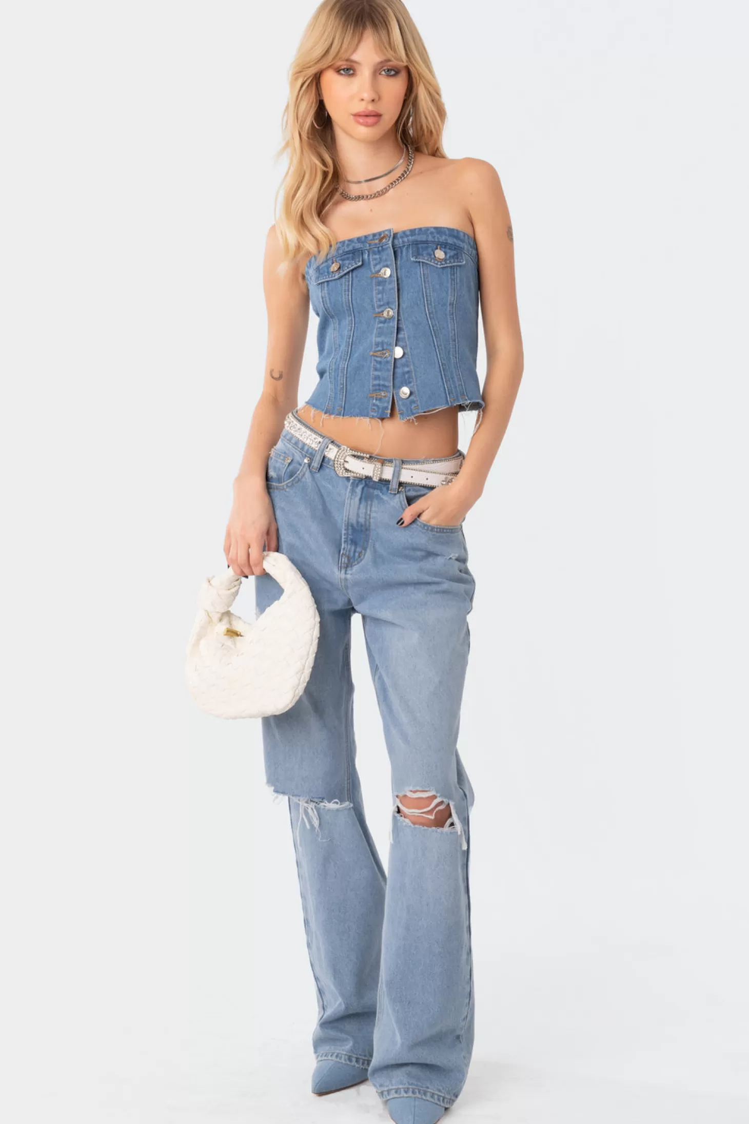 edikted River Denim Strapless Top* Strapless Tops | Denim Tops