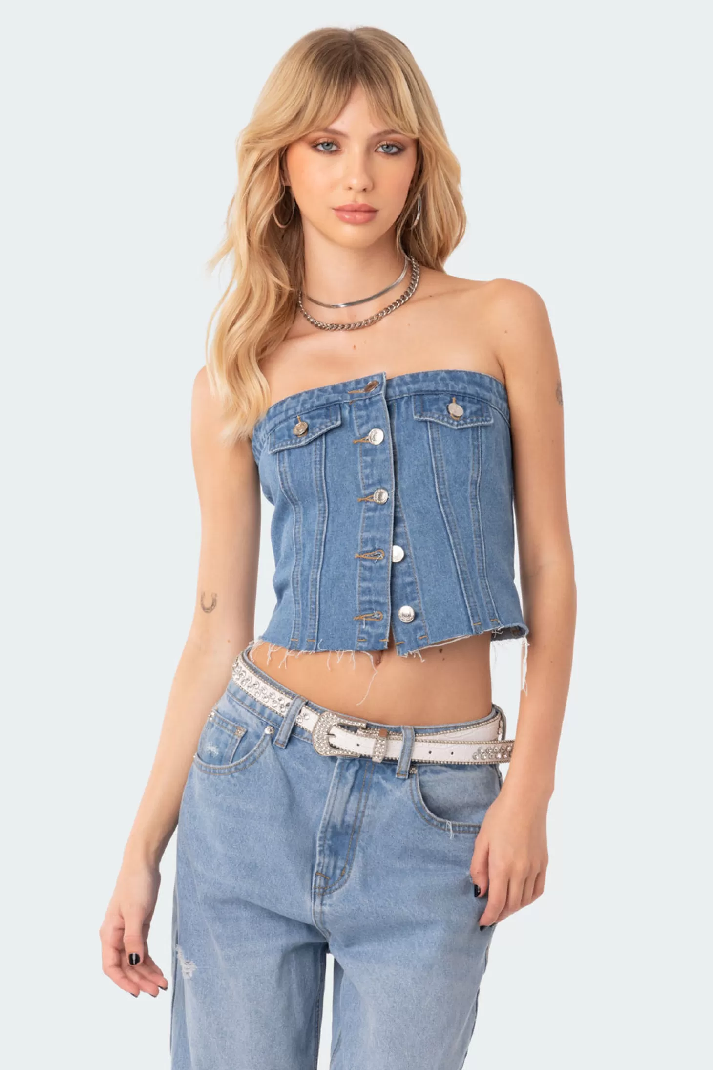 edikted River Denim Strapless Top* Strapless Tops | Denim Tops