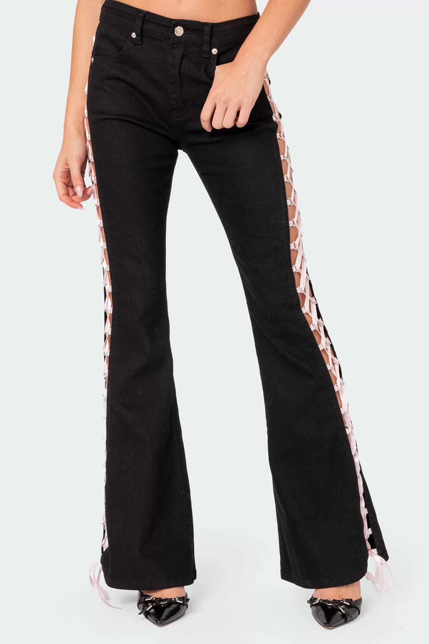 edikted Satin Lace Up Flared Jeans* Jeans | Jeans