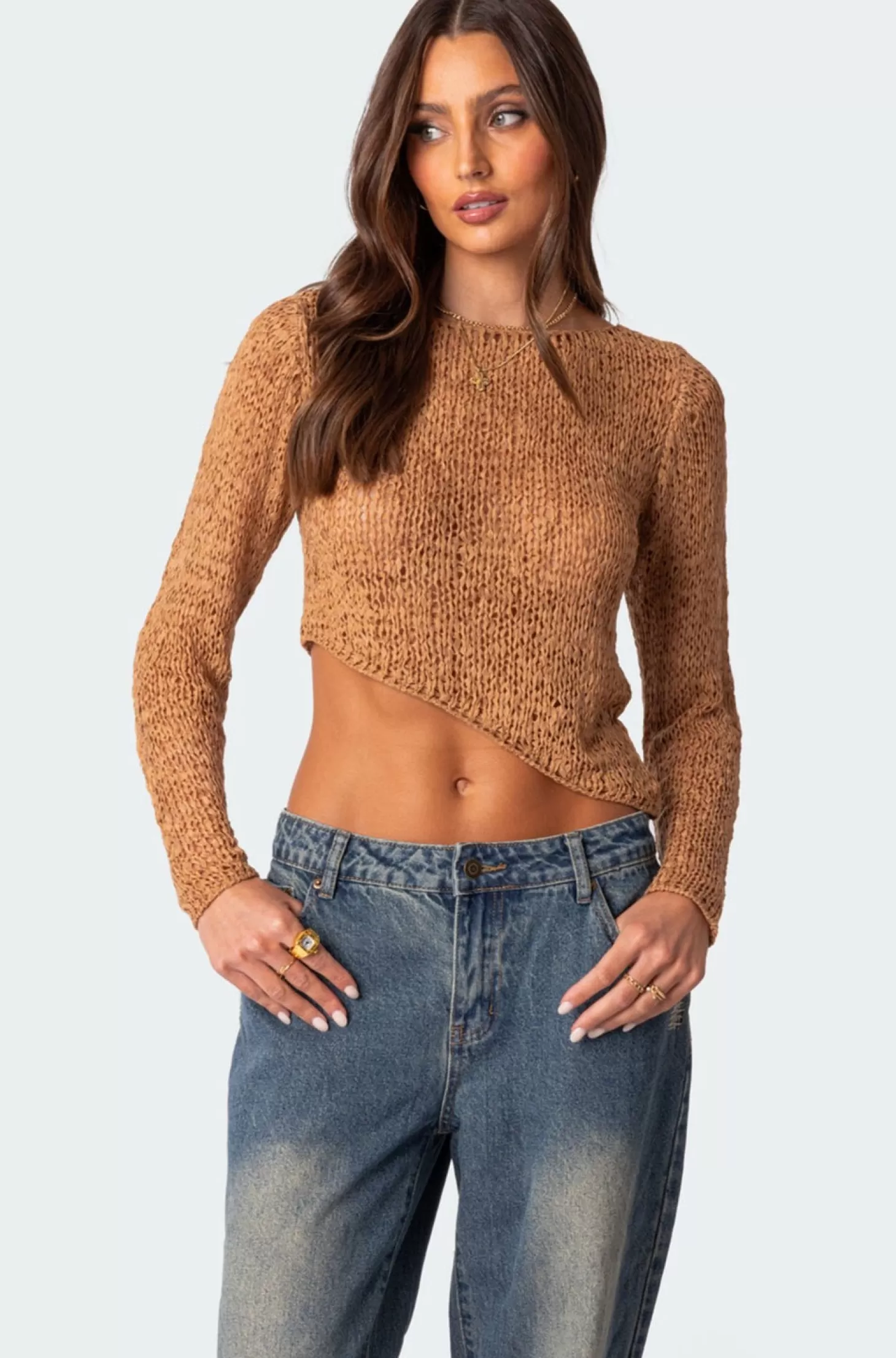 edikted Sheer Loose Knit Asymmetric Top* Crop Tops | Long Sleeve Tops