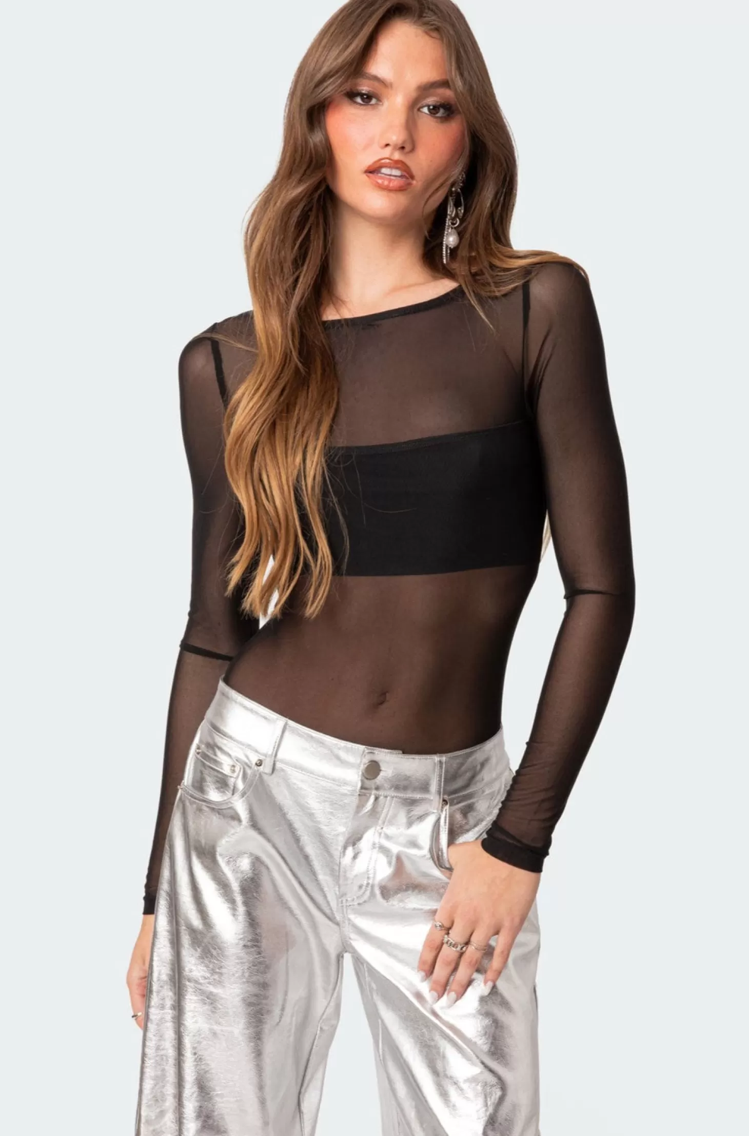 edikted Sheer Mesh Bandeau Bodysuit* Long Sleeve Tops | Bodysuits