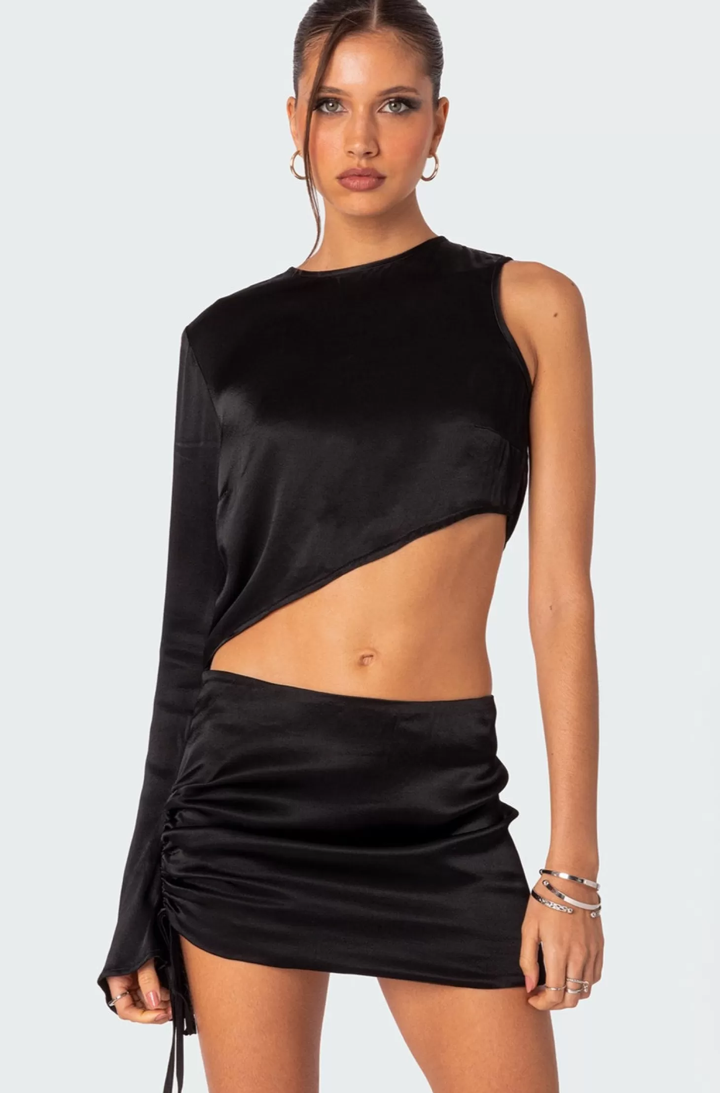 edikted Solstice Asymmetric Satin Top* Crop Tops | Long Sleeve Tops