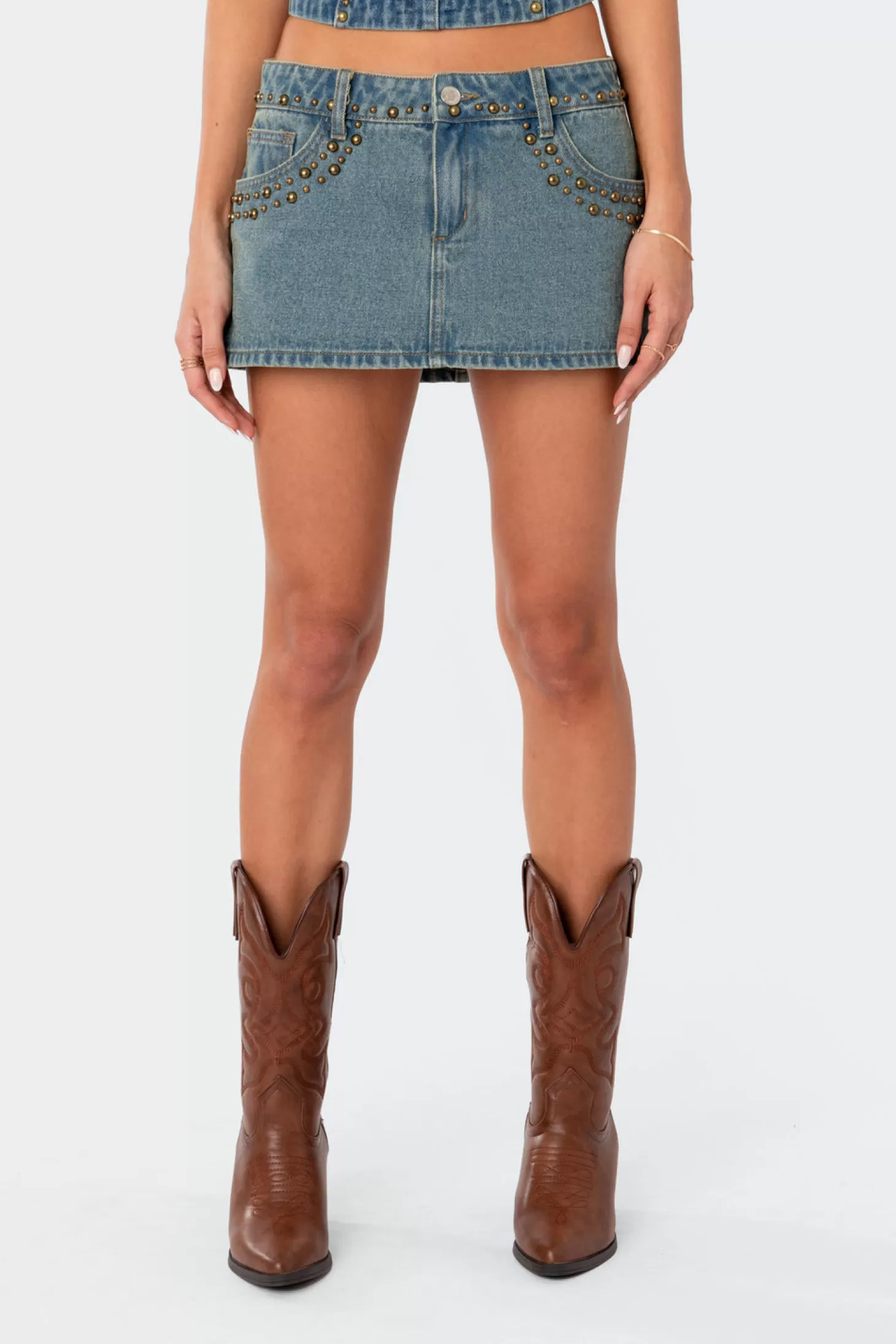 edikted Studded Low Rise Washed Denim Mini Skirt* Skirts | Skirts