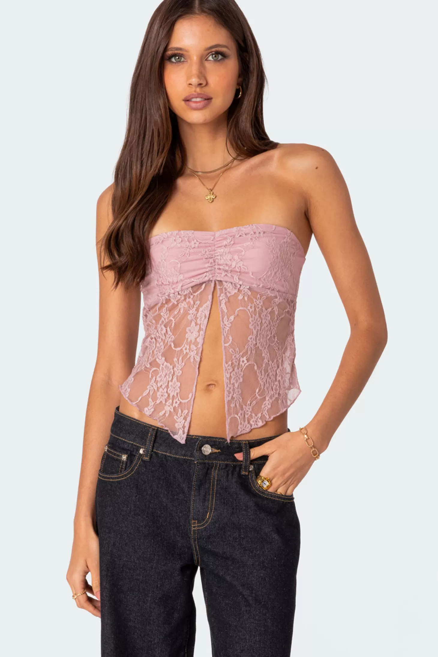 edikted Twilight Sheer Lace Split Front Top* Crop Tops | Strapless Tops