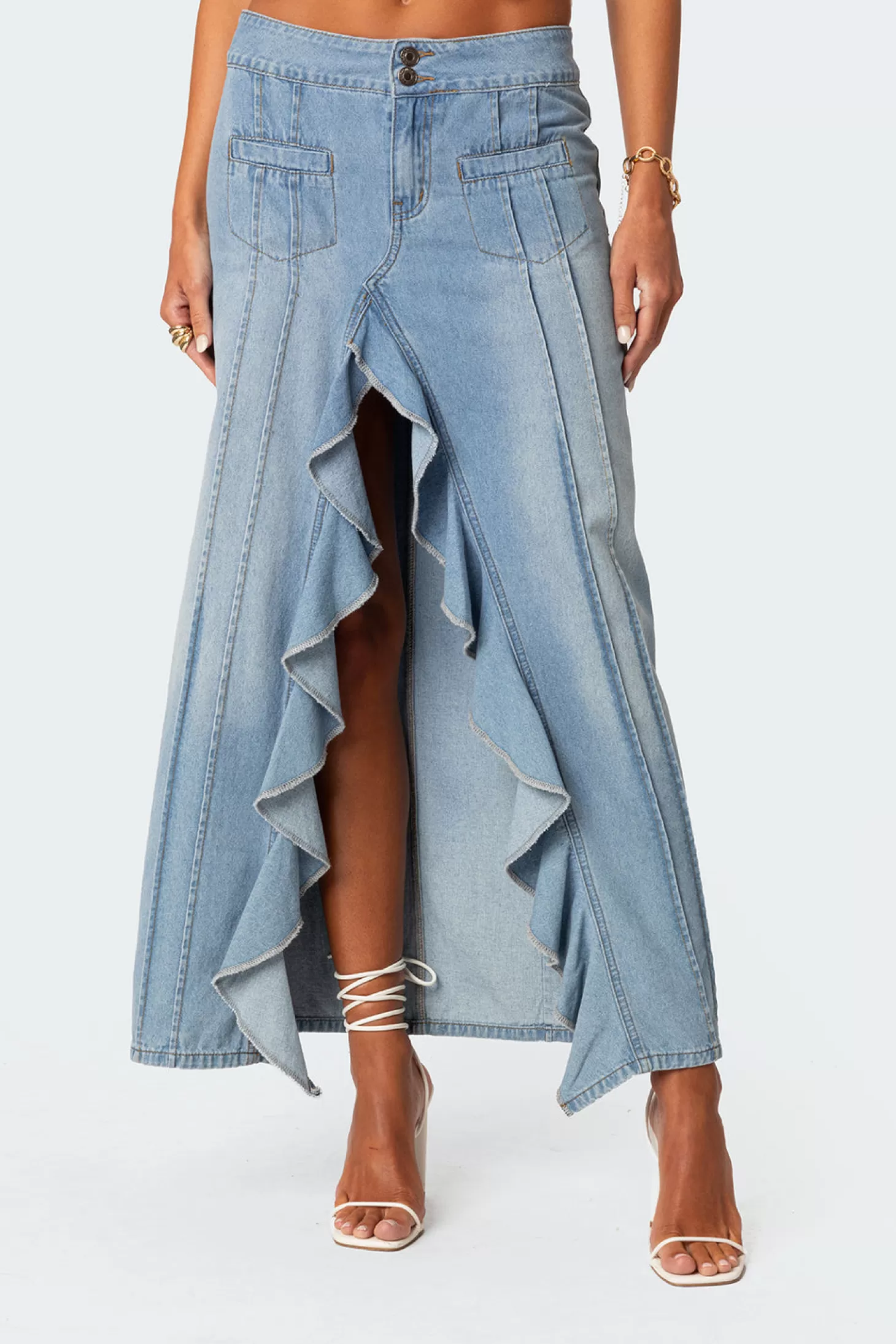 edikted Valencia Ruffle Slitted Denim Maxi Skirt* Skirts | Skirts