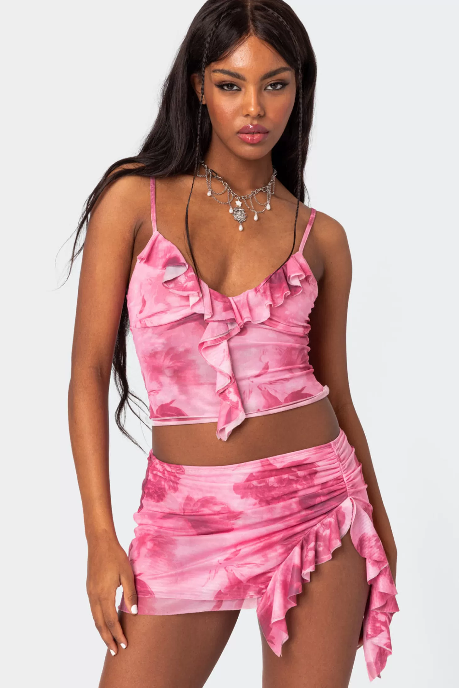 edikted Wanda Printed Mesh Ruffled Tank Top* Tank Tops | Tops