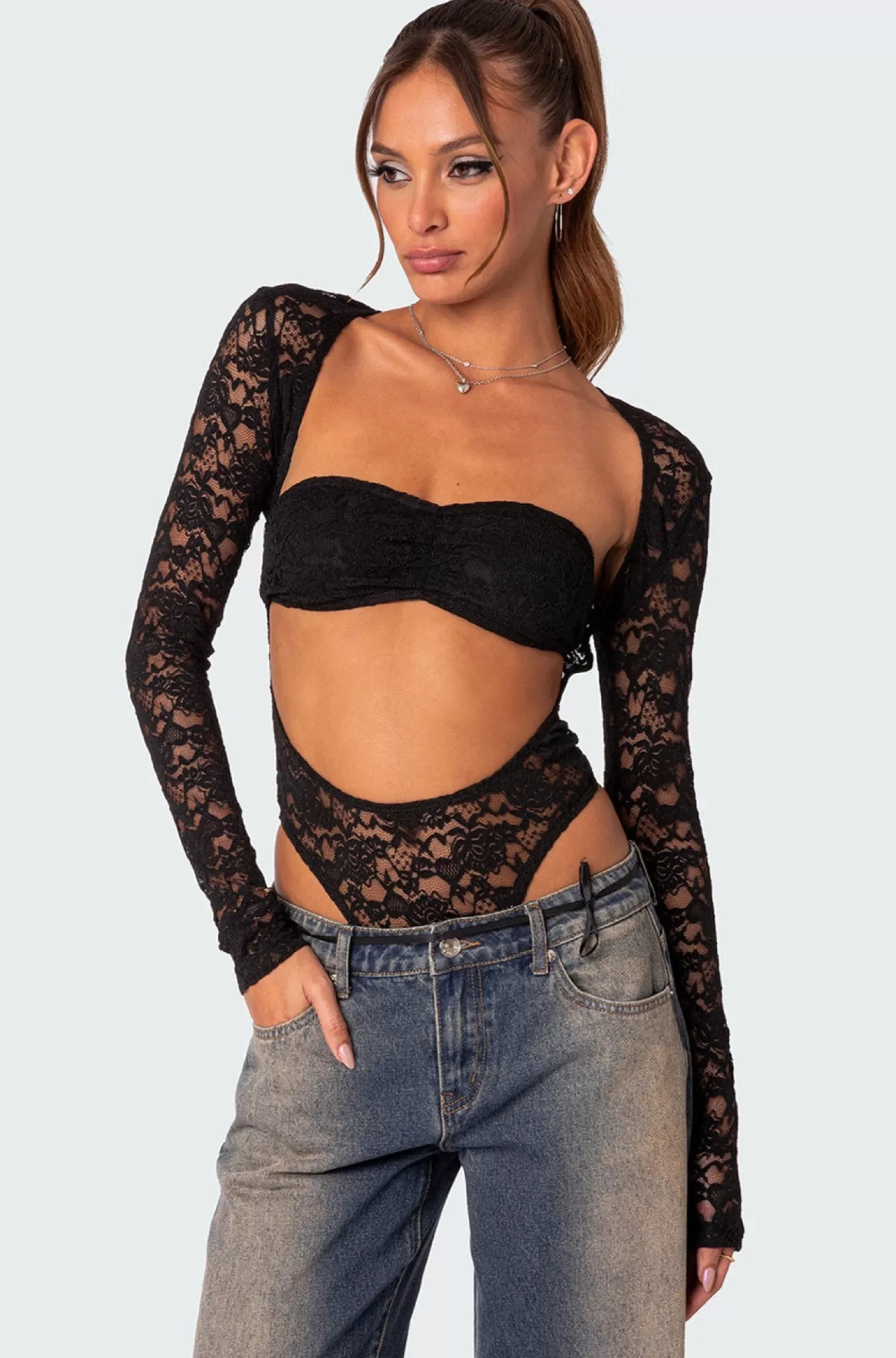 edikted Zoey Sheer Lace Two Piece Bodysuit* Long Sleeve Tops | Bodysuits